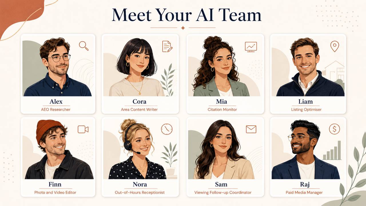 Real Estate by Foundry AI department visual showing named AI agents for estate agency marketing